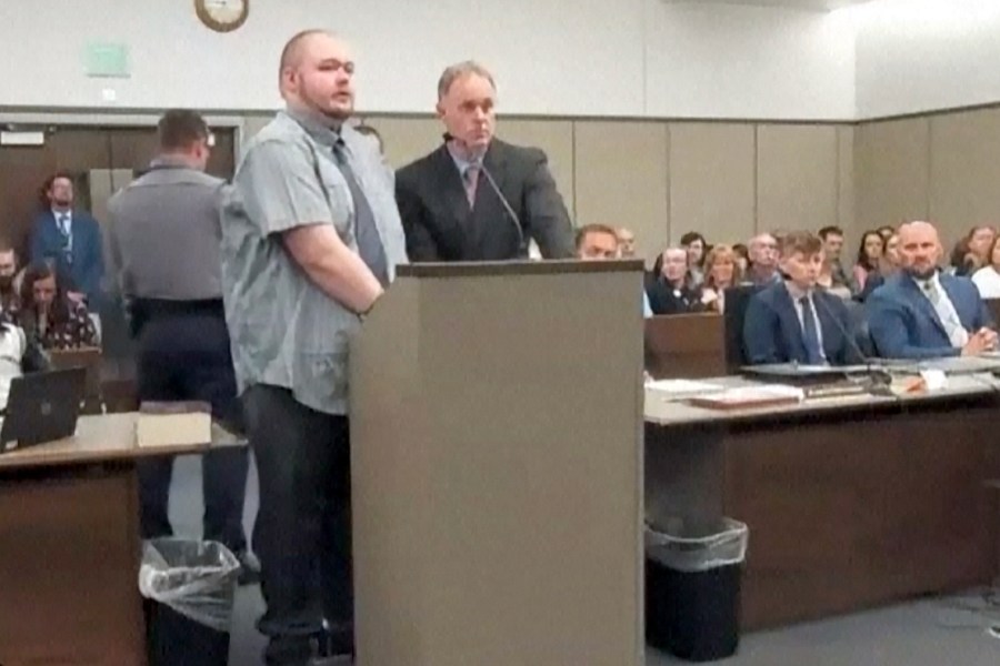 In this image taken from video provided by the Colorado Judicial Branch, Anderson Lee Aldrich, left, the suspect in a mass shooting that killed five people at a Colorado Springs LGBTQ+ nightclub last year, appears in court Monday, June 26, 2023, in Colorado Springs, Colo., where they pleaded guilty in the attack. The defendant faces life in prison on the murder charges under the plea agreement. (Colorado Judicial Branch via AP)