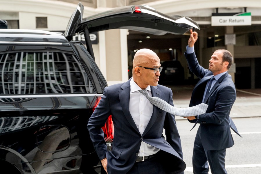 Microsoft CEO Satya Nadella arrives at the Phillip Burton Federal Building and U.S. Courthouse on Wednesday, June 28, 2023, in San Francisco. Microsoft is defending the company's proposed $69 billion takeover of video game maker Activision Blizzard as federal regulators seek to block the deal. (AP Photo/Noah Berger)