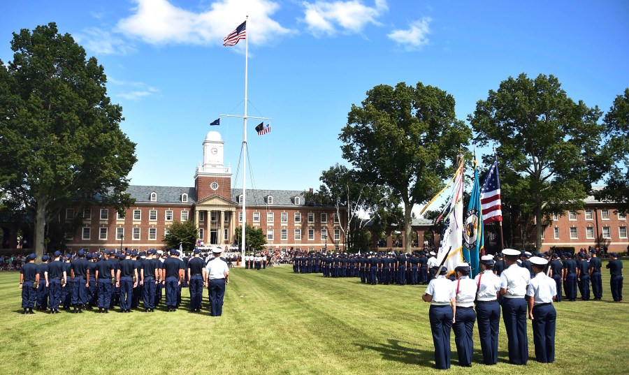 FILE - Members of the U.S Coast Guard Academy class of 2019 assemble on Washington Parade Field for their swearing-in ceremony on June 29, 2015 at the academy in New London, Conn. A previously undisclosed investigation reveals the U.S. Coast Guard failed to appropriately review and prosecute cases of sexual assault at the service's Connecticut academy for years while some of the accused rose up the ranks. Two U.S. Senators on Friday, June 30, 2023, demanded documents and records concerning the probe.(Sean D. Elliot/The Day via AP, File)