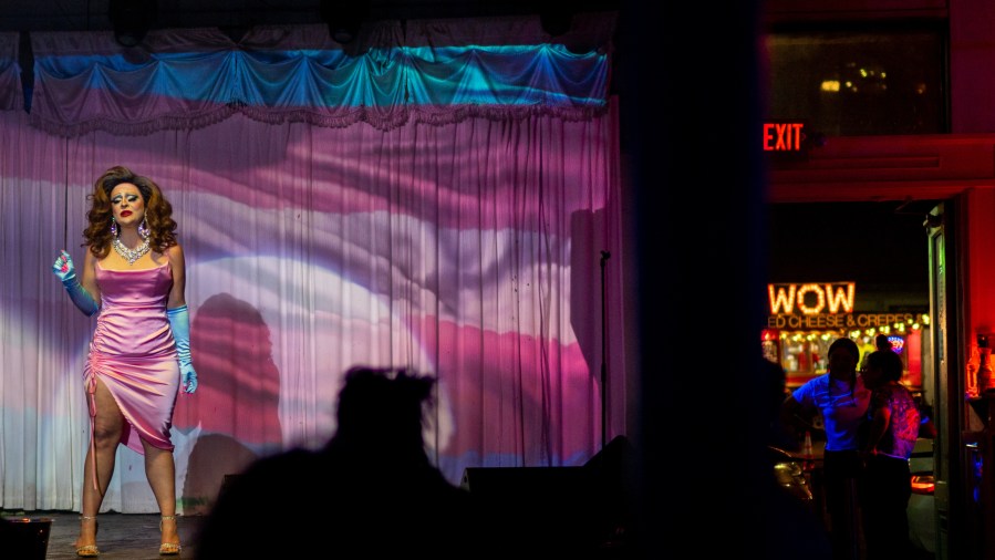 Drag queen Dani Knighten, from Austin, Texas performs during the Vanguard drag show at the Swan Dive nightclub on April 19, 2023.