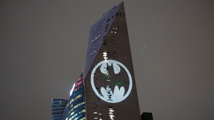 A Bat-signal is lit in the Torre Reforma during the commemorating of Batman's 80th anniversary in Mexico City, Saturday, Sept. 21, 2019.