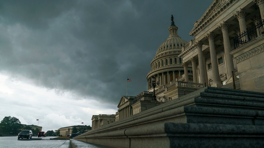 The U.S. Capitol in Washington D.C., is seen during a rain storm