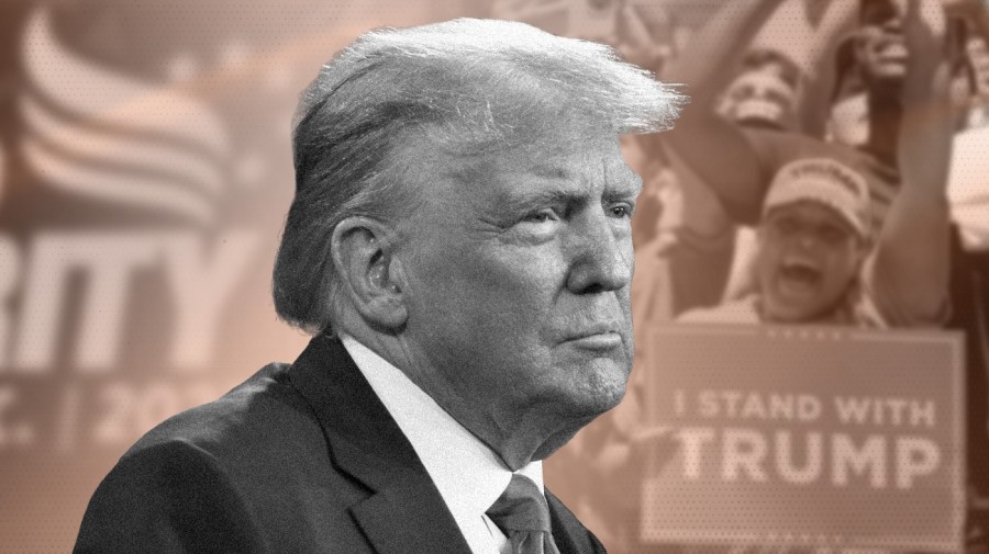 hoto illustration of Donald Trump, in black and white, over a copper-toned close-up photo of Trump supporters holding signs in the background.