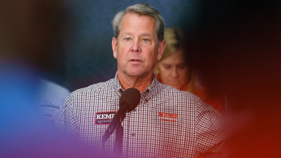 Republican Governor Brian Kemp speaks at a press conference on November 7, 2022 in Atlanta, Georgia. (Photo by Elijah Nouvelage/Getty Images)