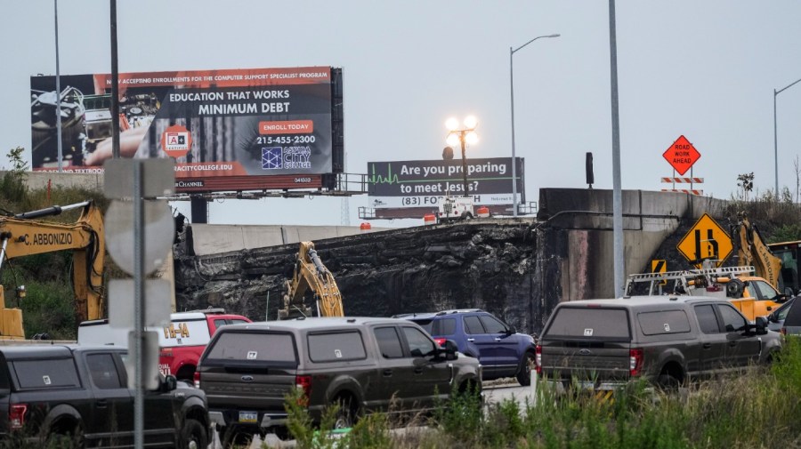 Shown is the aftermath of an elevated section of Interstate 95 that collapsed, in Philadelphia, Monday, June 12, 2023. Drivers began longer commutes Monday after an elevated section of Interstate 95 collapsed in Philadelphia a day earlier following damage caused by a tanker truck carrying flammable cargo catching fire.