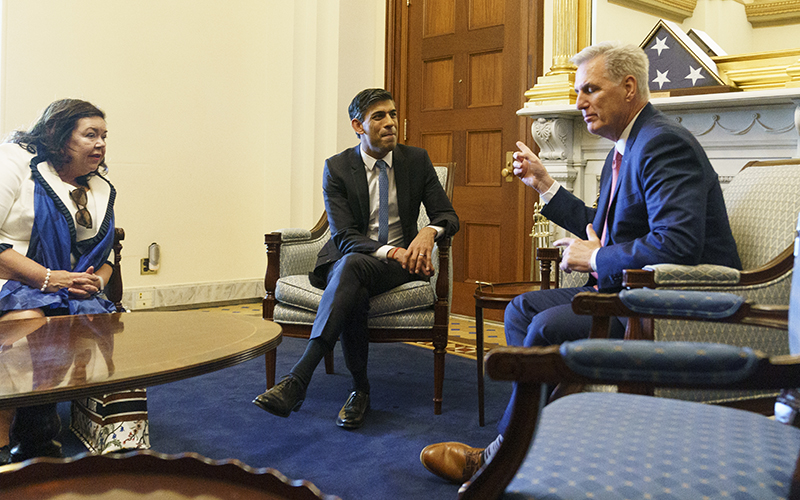 British Prime Minister Rishi Sunak and Speaker Kevin McCarthy (R-Calif.) are seen during a meeting at the Capitol