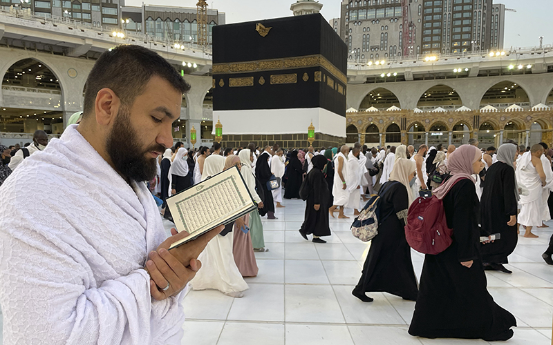 Muslim pilgrims circumambulate the Kaaba, the cubic building at the Grand Mosque