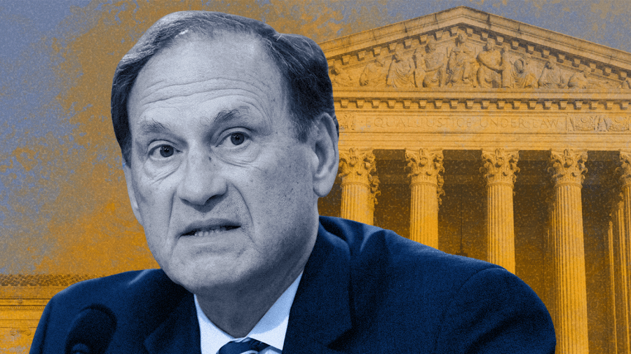 Photo illustration of a close-up of Justice Alito, pale dark blue toned, over a textured orange and light blue photo of the Supreme Court.