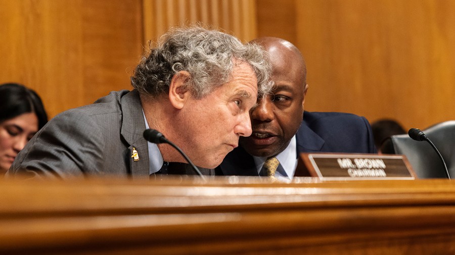 Sen. Tim Scott (R-S.C.) speaks to Sen. Sherrod Brown (D-Ohio)