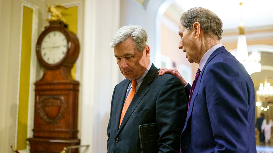 Sen. Sheldon Whitehouse (D-R.I.) listens to Sen. Ron Wyden (D-Ore.)