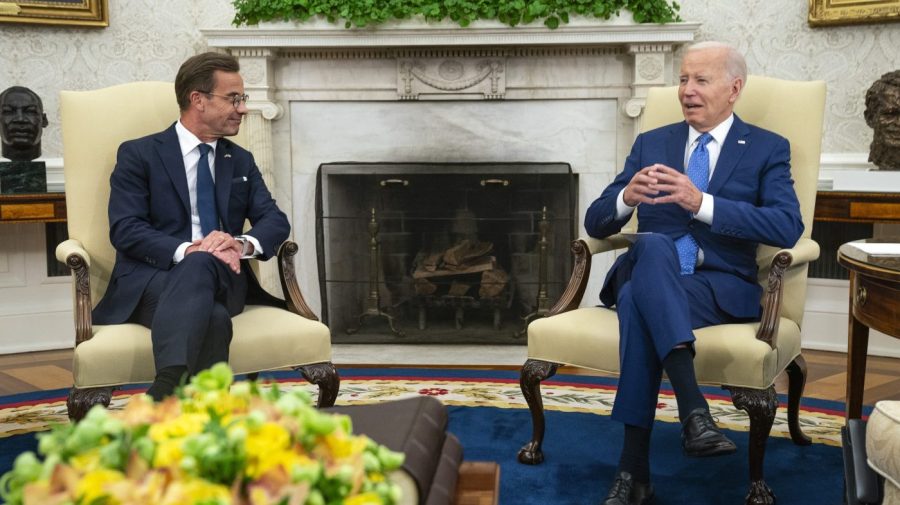 President Joe Biden meets with Swedish Prime Minister Ulf Kristersson in the Oval Office of the White House, Wednesday, July 5, 2023, in Washington. (AP Photo/Evan Vucci)