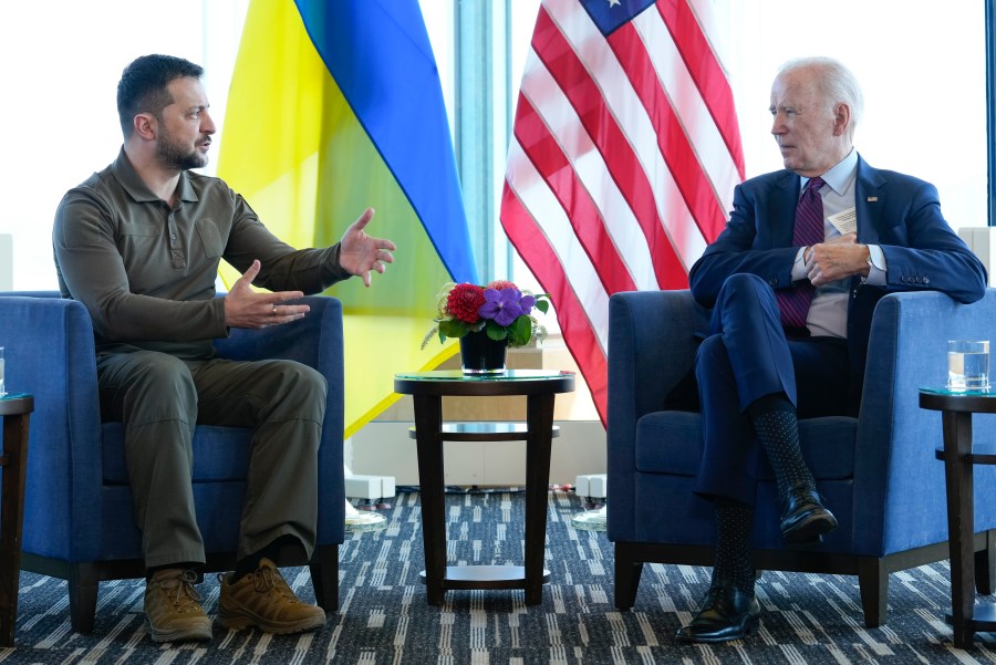 President Joe Biden, right, meets with Ukrainian President Volodymyr Zelenskyy on the sidelines of the G7 Summit in Hiroshima, Japan, Sunday, May 21, 2023.