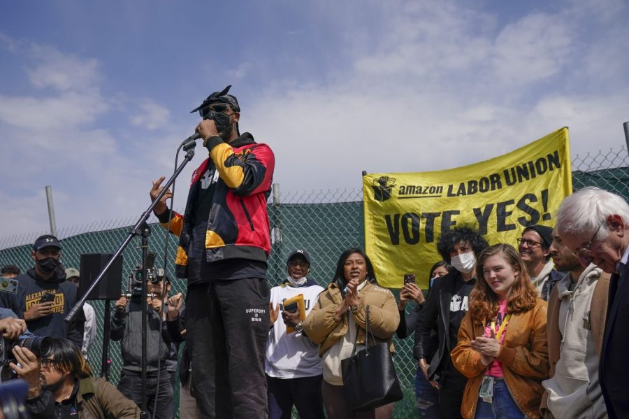 File - Christian Smalls, president of the Amazon Labor Union, speaks at a rally outside an Amazon facility on Staten Island in New York, Sunday, April 24, 2022. The union that successfully organized the Amazon warehouse in New York is being sued by some former members who claim the union is violating its own constitution. (AP Photo/Seth Wenig, File)