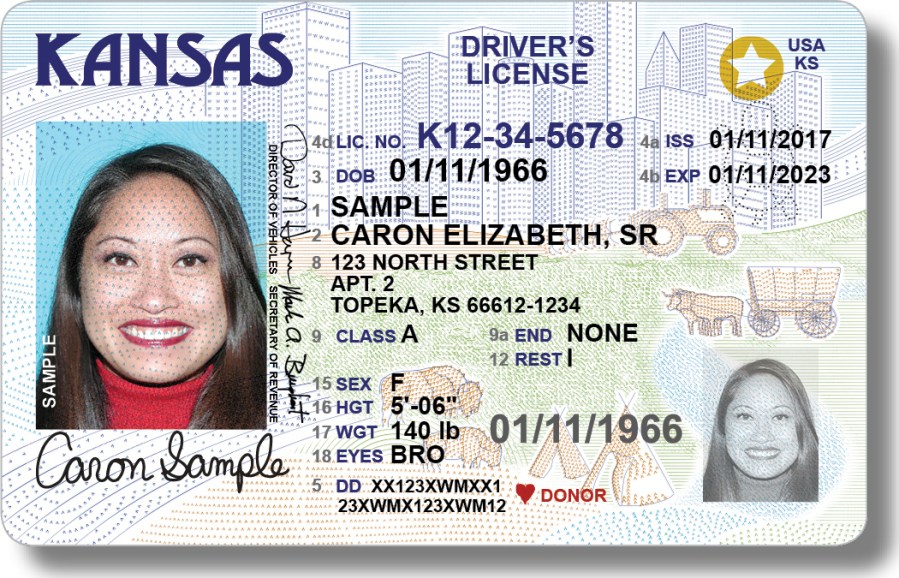 This image from the Kansas Department of Revenue shows a sample driver's license issued by the state's Division of Vehicles, first produced in June 2021. A new Kansas law will prevent transgender people from changing the listing for their sex on the license to match their gender identities. (Kansas Department of Revenue via AP)