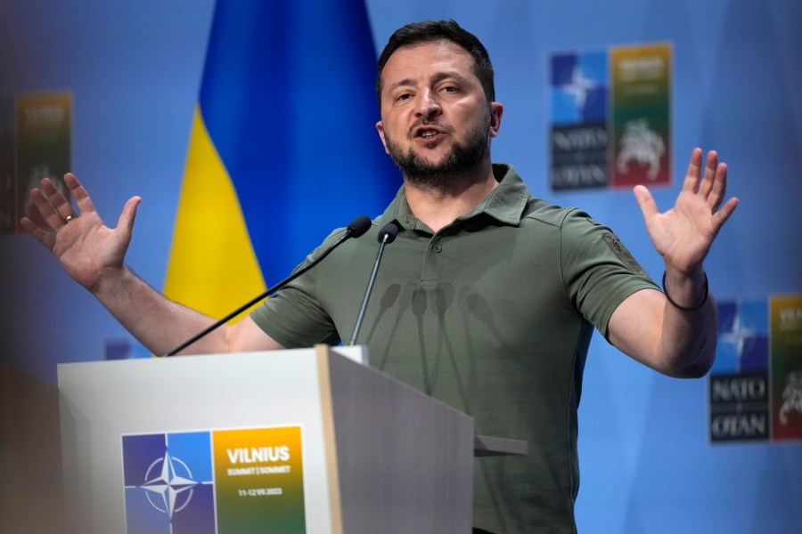 Ukraine's President Volodymyr Zelenskyy addresses a media conference at a NATO summit in Vilnius, Lithuania, Wednesday, July 12, 2023. The United States and other major industrialized nations are pledging long-term security assistance for Ukraine as it continues to fight Russia's invasion. (AP Photo/Pavel Golovkin)