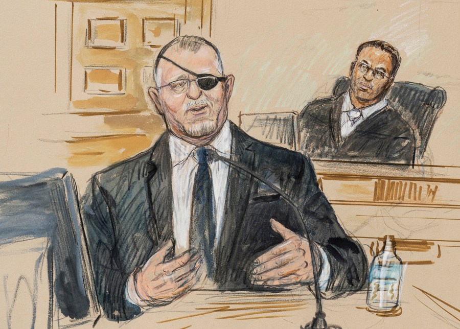 FILE - This artist sketch depicts the trial of Oath Keepers leader Stewart Rhodes, left, as he testifies before U.S. District Judge Amit Mehta on charges of seditious conspiracy in the Jan. 6, 2021, Capitol attack, in Washington, Nov. 7, 2022. The Justice Department is appealing the 18-year-prison sentence handed down to Oath Keepers founder Stewart Rhodes in the Jan. 6, 2021, attack on the U.S. Capitol. It is also challenging other far-right extremists' punishments that were shorter than what prosecutors had sought. (Dana Verkouteren via AP, File)