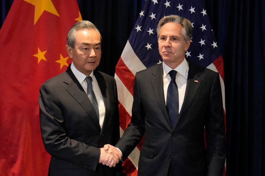 U.S. Secretary of State Antony Blinken, right, shakes hands with Chinese Communist Party's foreign policy chief Wang Yi during their bilateral meeting on the sidelines of the Association of Southeast Asian Nations (ASEAN) Foreign Ministers' Meeting in Jakarta, Indonesia, Thursday, July 13, 2023. (AP Photo/Dita Alangkara, Pool)