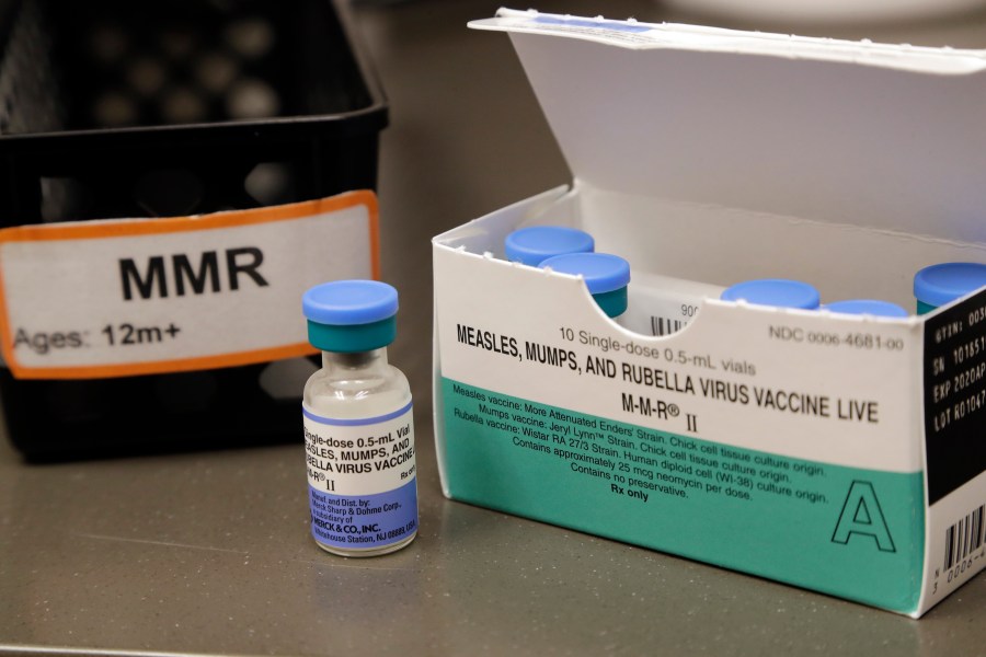 FILE - A dose of the measles, mumps and rubella vaccine is displayed at the Neighborcare Health clinics at Vashon Island High School in Vashon Island, Wash., on May 15, 2019. In a statement on Friday July 14, 2023, Britain’s Health Security Agency said that measles vaccination rates in parts of London have dropped so low that the capital could see tens of thousands of cases of the rash-causing disease unless immunization coverage is quickly boosted. (AP Photo/Elaine Thompson, File)