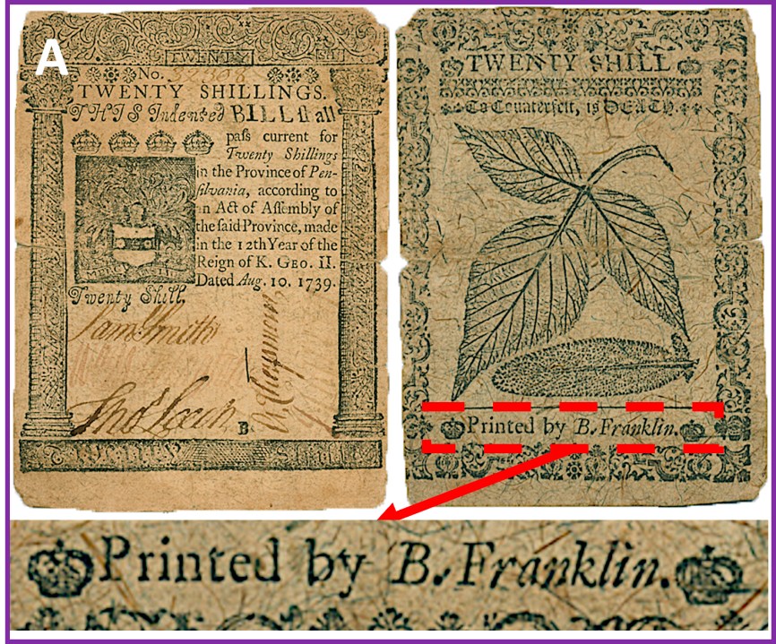 A magnified photo provided by the Proceedings of the Natural Academy of Sciences shows a twenty shillings Pennsylvania note printed by Benjamin Franklin on August 10, 1739, featuring "nature printed" patterns of leaves that counterfeiters found difficult to duplicate. (Proceedings of the National Academy of Sciences via AP)