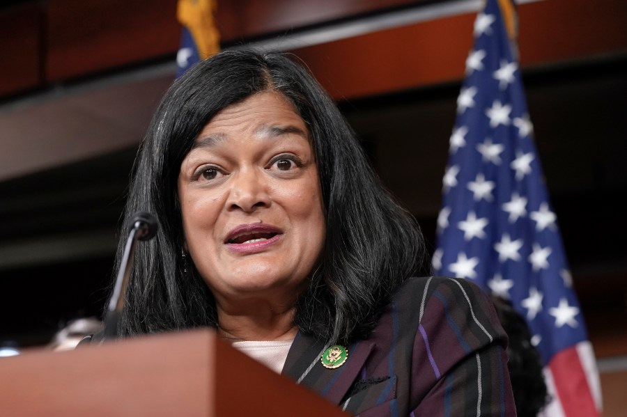 FILE - Rep. Pramila Jayapal, D-Wash., speaks during a news conference, May 24, 2023, on Capitol Hill in Washington. The House will vote on a Republican-led resolution reaffirming support for Israel, which appears to serve as implicit rebuke of a leading Democrat who called the country a “racist state” but later apologized. (AP Photo/Mariam Zuhaib, File)