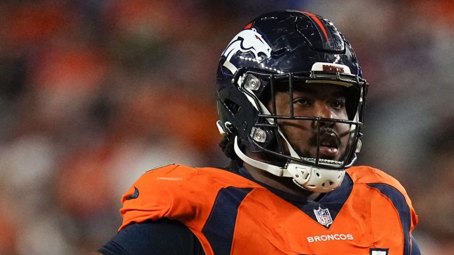 FILE - Denver Broncos defensive end Eyioma Uwazurike looks on during an NFL preseason football game against the Minnesota Vikings, Aug. 27, 2022, in Denver. The NFL indefinitely suspended Uwazurike on Monday, July 24, 2023, for betting on league games during the 2022 season. (AP Photo/Jack Dempsey, File)