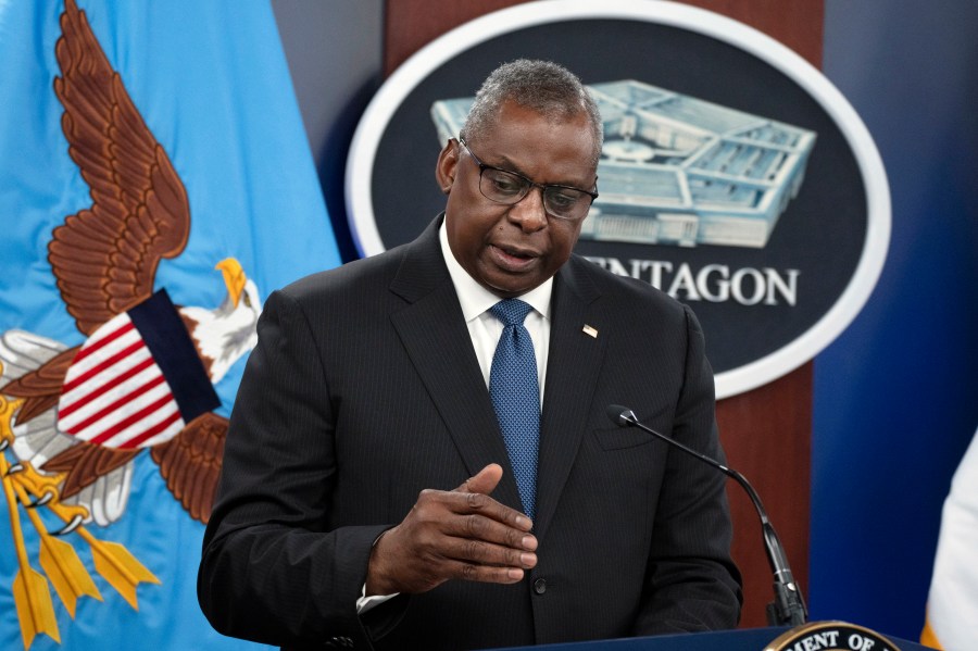 FILE - Secretary of Defense Lloyd Austin speaks during a news conference with Chairman of the Joint Chiefs of Staff Gen. Mark Milley at the Pentagon in Washington, on July 18, 2023. Austin met with Papua New Guinea leaders on Thursday, July 27, 2023 to discuss developing the Pacific Island nation’s military strength and deepening security ties, as the United States competes with China for influence in the Indo-Pacific region. (AP Photo/Manuel Balce Ceneta, File)