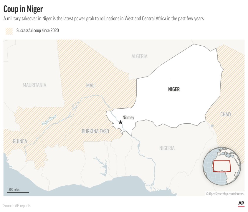 A military coup in Niger threatens a democratically-elected president and key ally of the West. (AP Graphic)