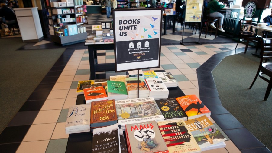 A display of banned books sits in a Barnes & Noble book store in Pittsford, N.Y., on Sept. 25, 2022.