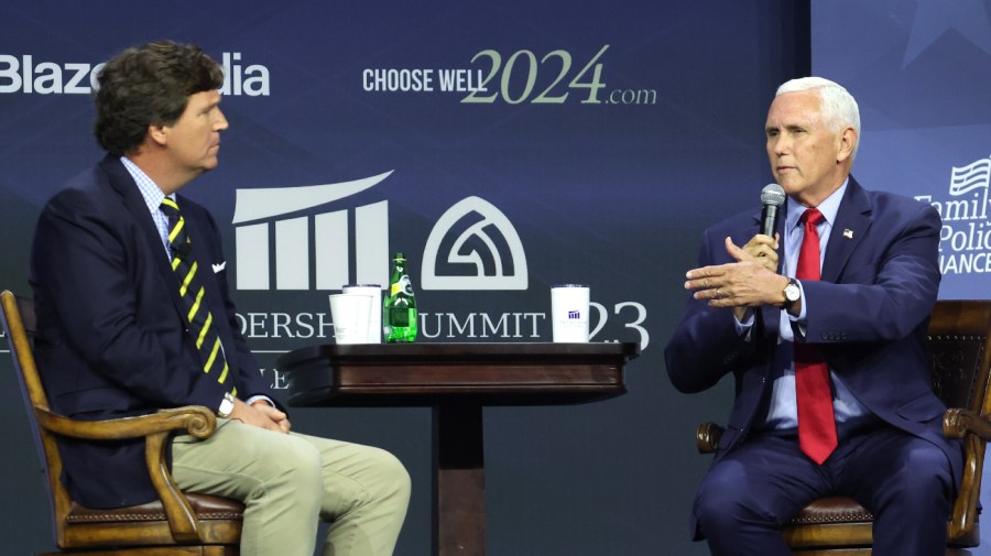 Republican presidential candidate and former Vice President Mike Pence fields questions from former Fox News Television personality Tucker Carlson at the Family Leadership Summit on July 14, 2023 in Des Moines, Iowa.