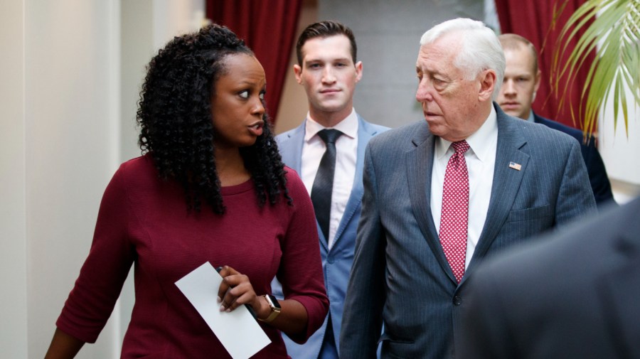 Shuwanza Goff, left, speaks with then-House Majority Leader Steny Hoyer (D-Md.), as they walk to a closed Democratic Caucus meeting on Capitol Hill in Washington on Friday, Jan. 4, 2019. 