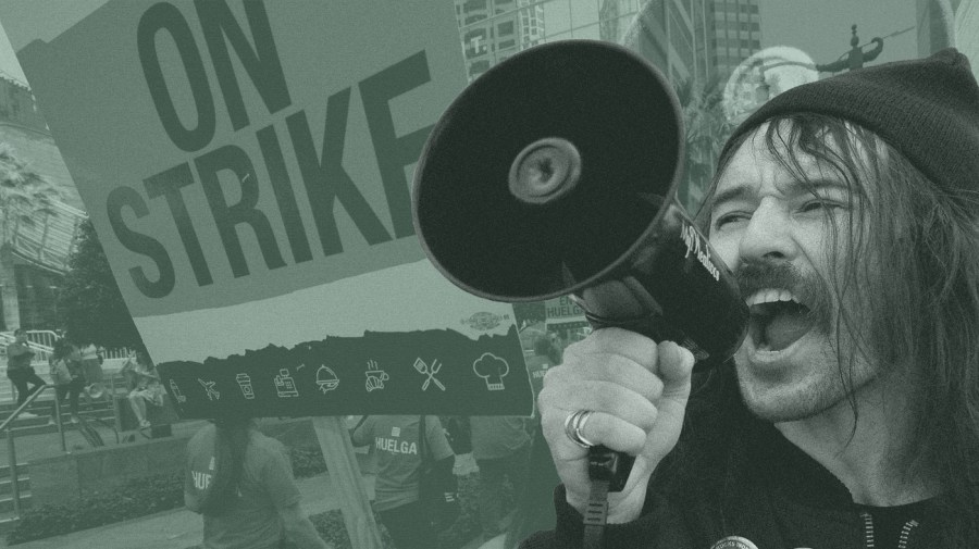 The cutout image of a protester shouting into a megaphone is superimposed over a blurry background that shows protest signs of workers on strike. The images are tinted forest green.