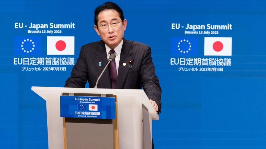 Japan's Prime Minister Fumio Kishida addresses the media after an EU-Japan summit in Brussels, Belgium, Thursday, July 13, 2023. (AP Photo/Geert Vanden Wijngaert)