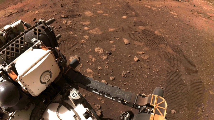 This photo made available by NASA was taken during the first drive of the Perseverance rover on Mars on March 4, 2021. A NASA rover on Mars by chance had its microphone on when a whirling tower of red dust passed overhead and caught the sound. Scientists released the first-of-its-kind audio Tuesday, Dec. 13, 2022. (NASA/JPL-Caltech via AP, File)