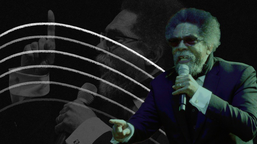 Photo illustration of Cornel West, green and blue toned, speaking into a microphone on the right side of the image. Background is a close-up of Cornel West, gesturing, on a black textured background with overlaying white lines in varying levels of opacity.