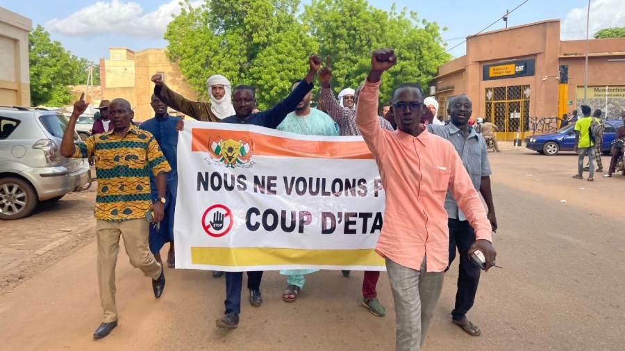 Supporters of Nigerien President Mohamed Bazoum demonstrate in his support in Niamey, Niger, Wednesday July 26, 2023.