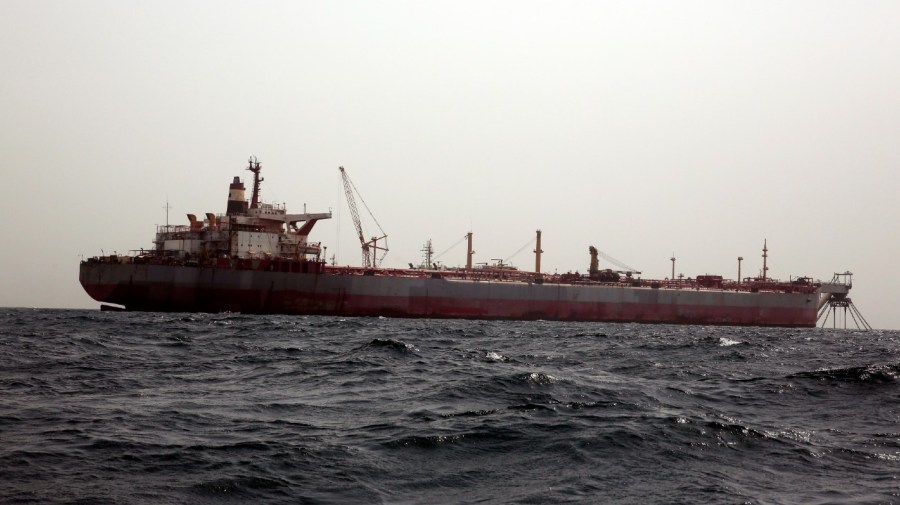 File - Safer tanker is seen on Monday, June 12, 2023, off the coast of Yemen. Safer has posed an environmental threat since 2015, as it decayed and threatened to spill its contents of 1.14 million barrels into the Red Sea and Indian Ocean.