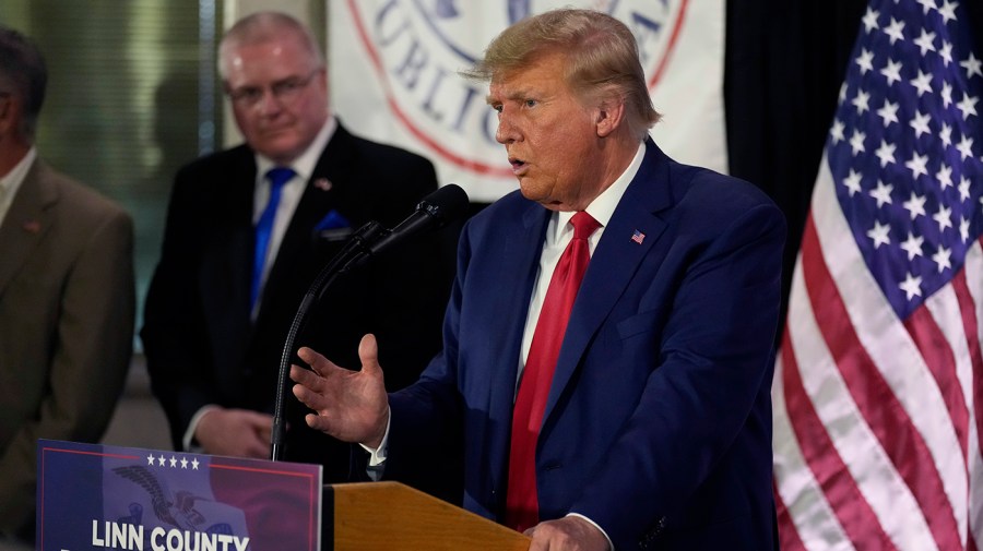 Former President Trump visits with campaign volunteers at the Elks Lodge, Tuesday, July 18, 2023, in Cedar Rapids, Iowa.