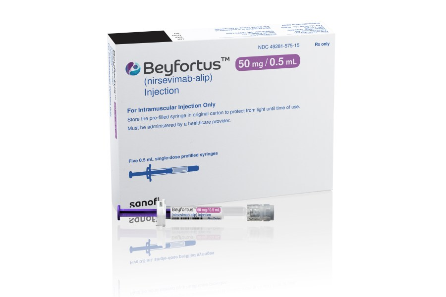 FILE - This illustration provided by AstraZeneca depicts packaging for their medication Beyfortus. On Thursday, Aug. 3, 2023, a panel of outside advisers to the Centers for Disease Control and Prevention recommended that babies get the drug to protect them against a respiratory virus that sends tens of thousands of American children to the hospital each year. (AstraZeneca via AP, File)