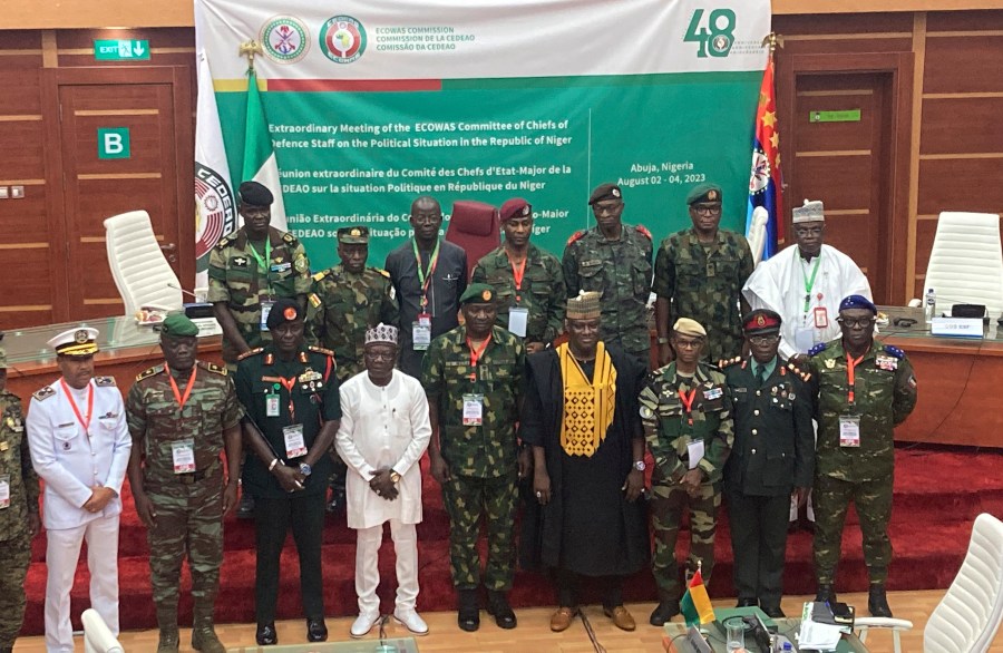 The defense chiefs from the Economic Community of West African States (ECOWAS) countries excluding Mali, Burkina Faso, Chad, Guinea and Niger pose for a group photo during their extraordinary meeting in Abuja, Nigeria, Friday, Aug. 4, 2023, to discuss the situation in Niger. (AP Photo/ Chinedu Asadu)