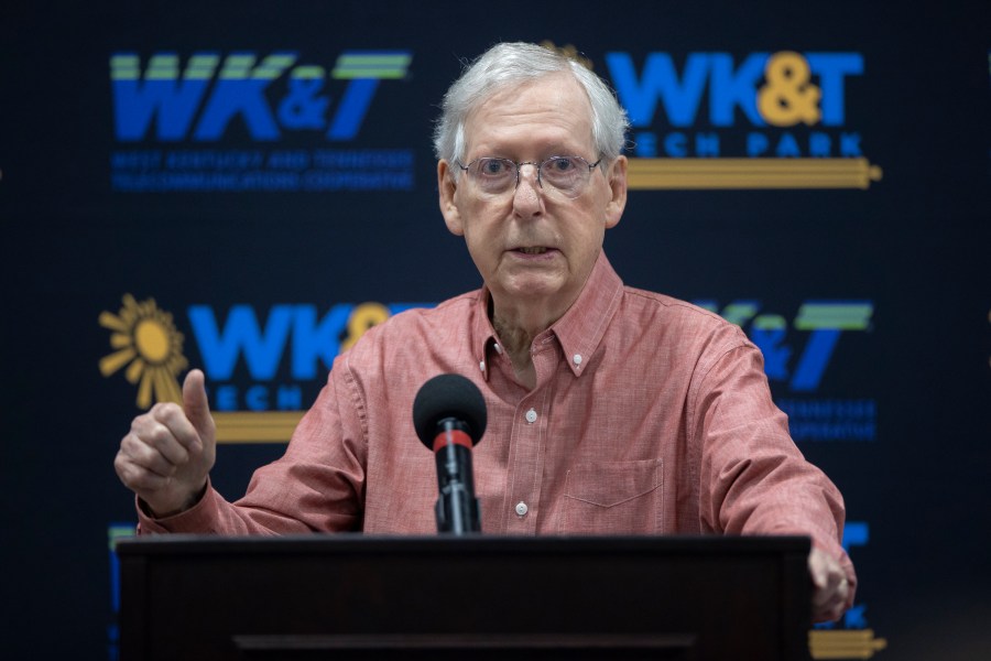 Senate Minority Leader Mitch McConnell, R-Ky., speaks at the Graves County Republican Party Breakfast at WK&T Technology Park in Mayfield, Ky., on Saturday, Aug. 5, 2023. (Ryan C. Hermens/Lexington Herald-Leader via AP)