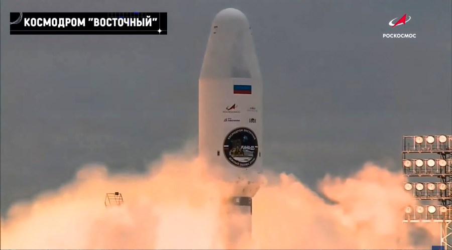 In this photo released by Roscosmos State Space Corporation, the Soyuz-2.1b rocket with the moon lander Luna-25 automatic station takes off from a launch pad at the Vostochny Cosmodrome in the Russia's Far East, on Friday, Aug. 11, 2023. The launch of the Luna-25 craft to the moon will be Russia's first since 1976 when it was part of the Soviet Union. The Russian lunar lander is expected to reach the moon on Aug. 23, about the same day as an Indian craft which was launched on July 14. (Roscosmos State Space Corporation via AP)