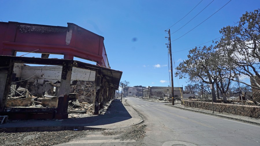 Front Street is seen on Saturday, Aug. 12, 2023, in Lahaina, Hawaii, following a deadly wildfire. (AP Photo/Rick Bowmer)