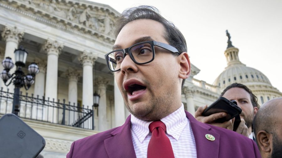 FILE - Rep. George Santos, R-N.Y., speaks to reporters outside the Capitol, in Washington, May 17, 2023. Sam Miele, a former political fundraiser for Santos, was indicted on federal charges Wednesday for allegedly impersonating a high-ranking congressional aide while soliciting contributions for the embattled Republican’s campaign. (AP Photo/J. Scott Applewhite, File)