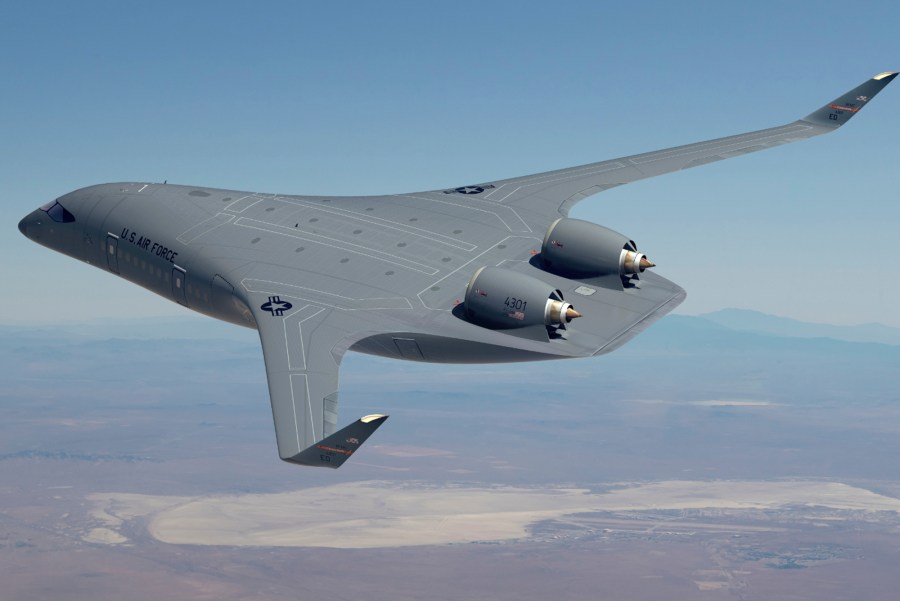 This image provided by the U.S. Air Force shows a rendering of a blended-wing body prototype aircraft. The Air Force has promised $235 million to help start-up manufacturer JetZero build a jet with a blended-wing body that officials say could provide greater range and efficiency for military tankers and cargo planes and perhaps eventually be used to carry airline passengers. JetZero and the Air Force, which announced the award Wednesday, Aug. 16, 2023, say they hope that the full-size demonstrator plane will be ready to fly in 2027. (U.S. Air Force via AP)