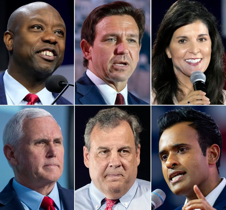 This combination of photos shows Republican presidential candidates, top row from left, Sen. Tim Scott, R-S.C., Florida Gov. Ron DeSantis, and former South Carolina Gov. Nikki Haley, and bottom row from left, former Vice President Mike Pence, former New Jersey Gov. Chris Christie, and Vivek Ramaswamy. (AP Photo)