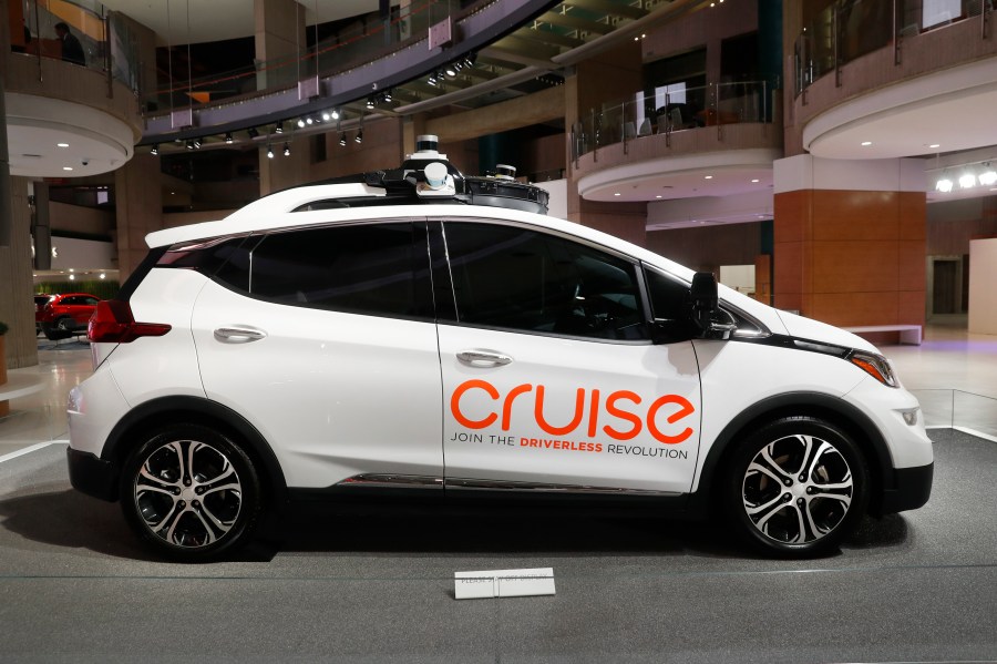 FILE - A Cruise AV, General Motor's autonomous electric Bolt EV in Detroit is displayed, Jan. 16, 2019. The California state Department of Motor Vehicles asked for General Motors’ Cruise autonomous vehicle unit to reduce its fleet in San Francisco after a Cruise vehicle without a human driver collided with an unspecified emergency vehicle on Thursday, Aug. 19, 2023. (AP Photo/Paul Sancya, File)