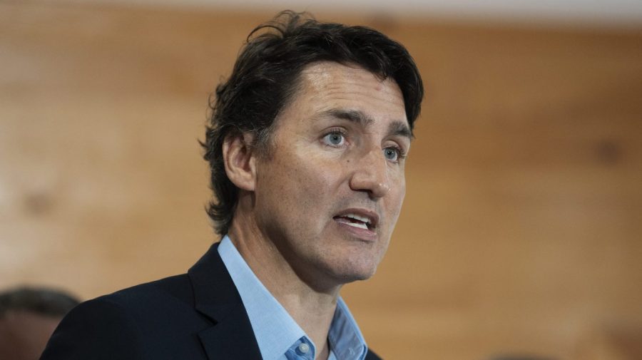 Canadian Prime Minister Justin Trudeau speaks to reporters following an announcement at the Island Montessori Academy in Cornwall, Prince Edward Island, Monday, Aug. 21, 2023. (Darren Calabrese/The Canadian Press via AP)