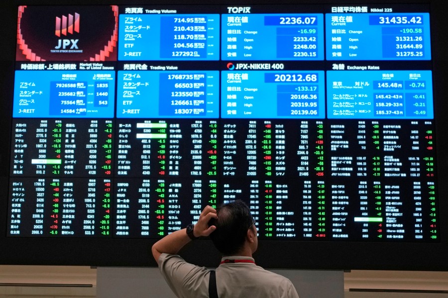 A visitor looks at an electronic stock board at Tokyo Stock Exchange Friday, Aug. 18, 2023 in Tokyo, Japan. Asian shares mostly rose Thursday, Aug. 24, after Wall Street rallied to its best day since June after pressures from the bond market relaxed a bit. (AP Photo/Shuji Kajiyama)