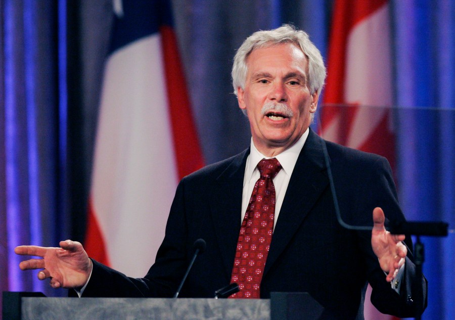 FILE - Agriculture Secretary Ed Schafer speaks during the International Symposium on Agroterrorism, April 24, 2008, in Kansas City, Mo. The former agriculture secretary and North Dakota governor learned a lesson about his car keys after his vehicle was stolen Friday morning, Aug. 25, 2023, as he hosted a Fargo, N.D., radio show. (AP Photo/Orlin Wagner, File)