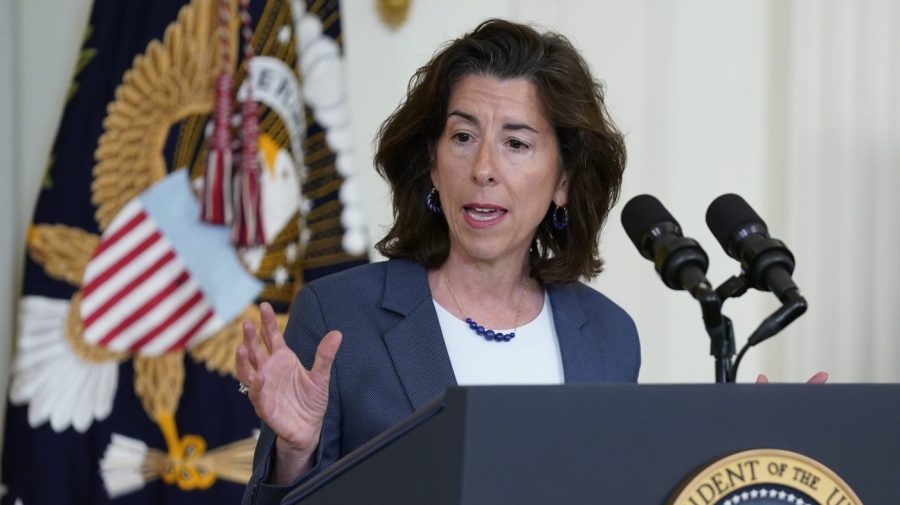 FILE - Commerce Secretary Gina Raimondo speaks during an event about high-speed internet infrastructure, in the East Room of the White House on June 26, 2023, in Washington. Raimondo is the latest member of President Joe Biden’s Cabinet to visit China as his administration tries to mend the deteriorating ties between the world's two largest economies. She promises to be “practical” without compromising the U.S. push to “responsibly” manage that economic relationship. (AP Photo/Evan Vucci, File)